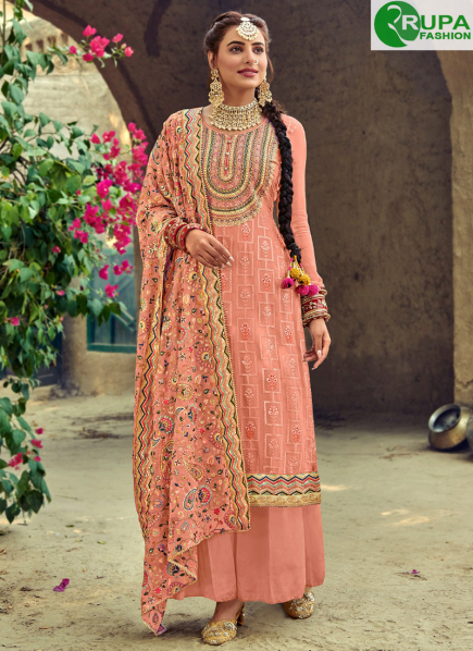 Embroidered Georgette Pakistani Suit in Peach : KCH6382