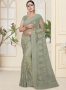 Green Color Net Fabric Resham,Embroidered Work Designer Party Wear Saree