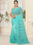 Turquoise Color Net Fabric Resham,Embroidered Work Designer Party Wear Saree