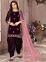 Wine Color Velvet Fabric Embroidered Zari Work Designer Punjabi Suit