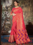 Pink Color Linen Silk Fabric Weaving Embroidered Work Designer Party Wear Saree