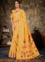 Yellow Color Linen Silk Fabric Weaving Embroidered Work Designer Party Wear Saree
