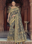 Grey Color Banarasi Silk Fabric Weaving Embroidered Work Designer Traditional Party Wear Saree