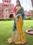 Teal With Yellow Color Banarasi Silk Fabric Weaving Embroidered Work Designer Traditional Party Wear Saree